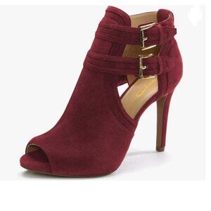 XYD Red Suede Peep Toe Ankle Bootie High Heels Buckled Double Straps Cutout Shoe